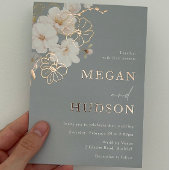 Roos Gold & Blush Wildflower Bruiloft Stoffig Blau Folie Uitnodiging