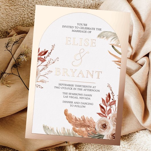 Roos Gold Bohemian Arch Floral Wedding Folie Uitnodiging