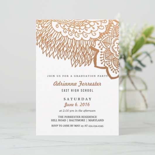 Roos Gold Bohemian Pattern Graduparty Kaart (Staand voorkant)