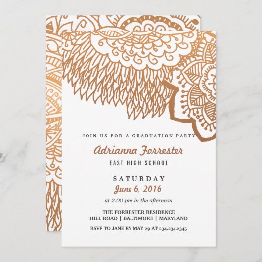 Roos Gold Bohemian Pattern Graduparty Kaart (Voorkant / Achterkant)