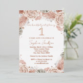 ROOS GOLD Boho Blush Starfish Beach 1st Birthday Folie Uitnodiging (Staand Voorkant)