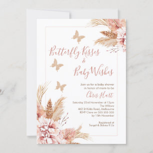 Roos Gold Boho Floral Butterfly Kisses Baby shower Kaart