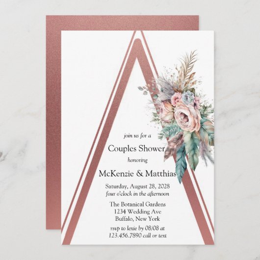 Roos Gold Boho Floral Ether Couples Shower Kaart (Voorkant / Achterkant)