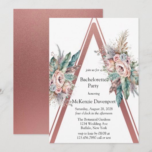 Roos Gold Boho Floral Triangle Bachelorette Party Kaart (Voorkant / Achterkant)