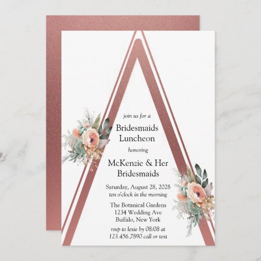 Roos Gold Boho Floral Triangle Bridesmaids Lunch Kaart (Voorkant / Achterkant)
