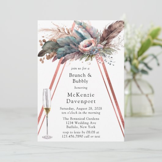 Roos Gold Boho Floral Triangle Brunch & Bubble Kaart (Staand voorkant)