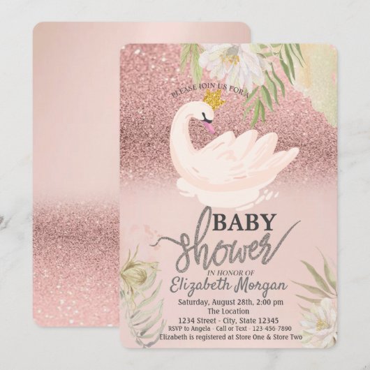 Roos Gold Bokeh, Swan Boho Flowers Baby shower Kaart (Voorkant / Achterkant)