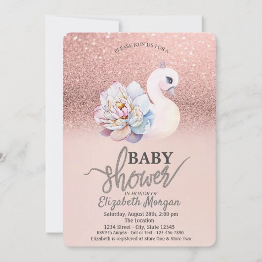Roos Gold Bokeh, Swan Floral Baby shower Kaart (Voorkant)