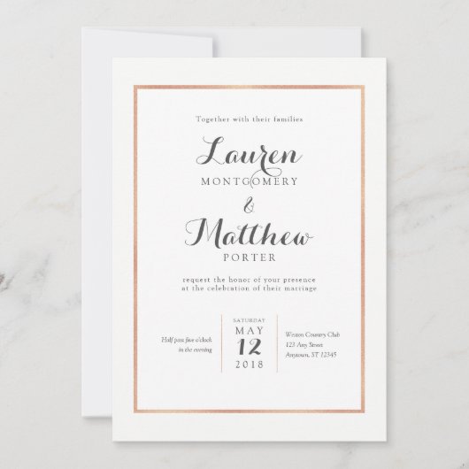 Roos Gold Border Modern Wedding Invitation Kaart (Voorkant)