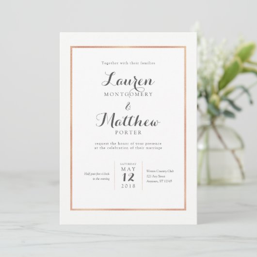 Roos Gold Border Modern Wedding Invitation Kaart (Staand voorkant)