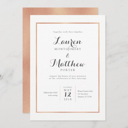 Roos Gold Border Modern Wedding Invitation Kaart (Voorkant / Achterkant)
