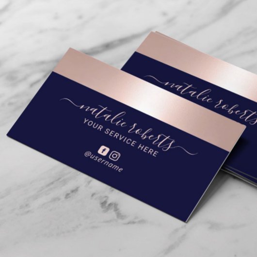 Roos Gold Border Navy Blue Modern Salon Spa Visitekaartje