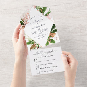 Roos Gold Botanical Greenery Wedding All In One Uitnodiging
