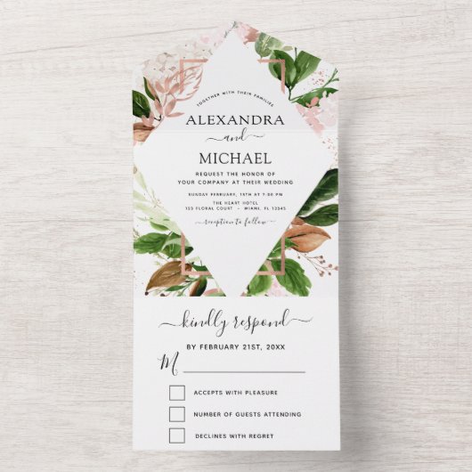 Roos Gold Botanical Greenery Wedding RSVP All In One Uitnodiging (Binnen)