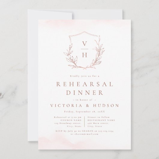 Roos Gold Botanisch Monogram Repetitie Diner Kaart (Voorkant)