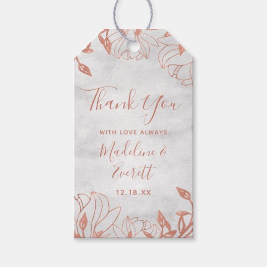 Roos Gold Botanische Bloemen Grijs Bruiloft Dank u Cadeaulabel (Voorkant)