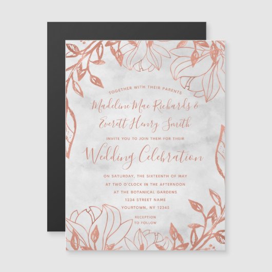 Roos Gold Botanische Bloemen Grijs Bruiloft Uitnod Magnetische Uitnodiging (Voorkant / Achterkant)