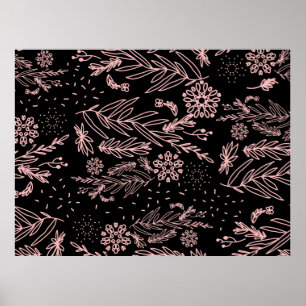 Roos Gold Botanische Doodle Patroon Poster