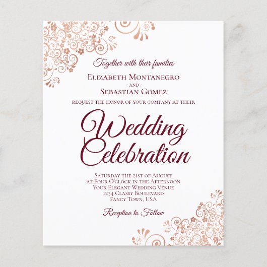 Roos Gold & Bourgogne BUDGET bruiloft uitnodiging (Voorkant)