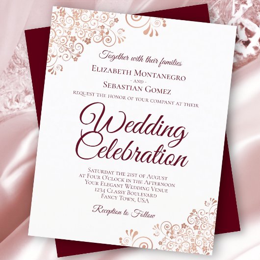 Roos Gold & Bourgogne BUDGET bruiloft uitnodiging