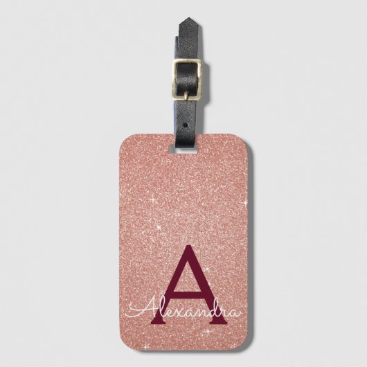 Roos Gold Bourgogne Sparkle Glitter Monogram Bagagelabel (Voorkant (verticaal))