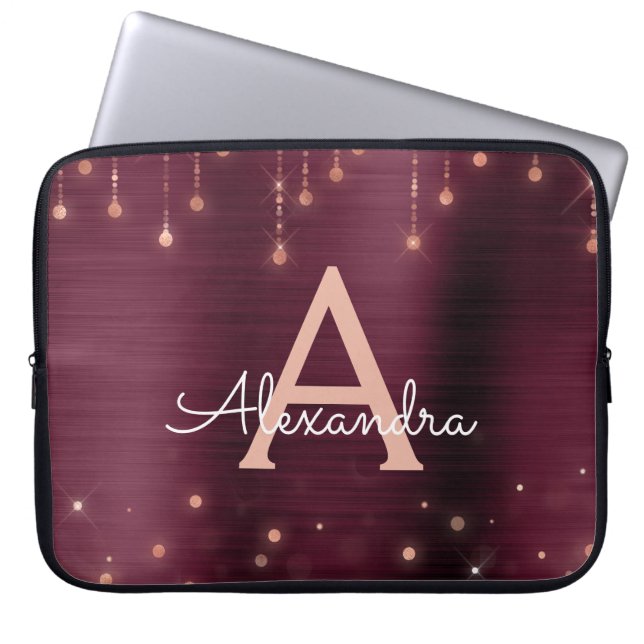Roos Gold Bourgogne String Lights Sparkle Monogram Laptop Sleeve (Voorkant)