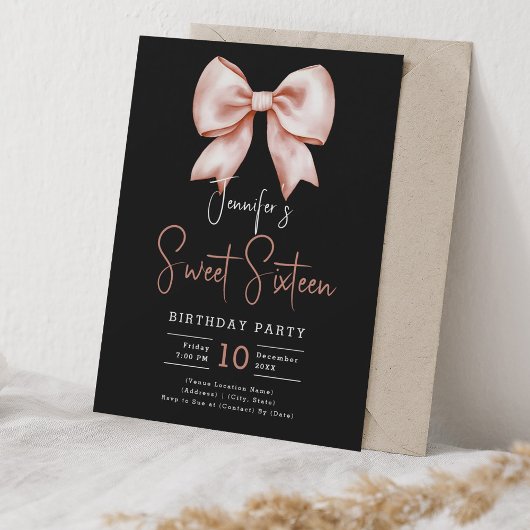 Roos Gold Bow Coquette Script Sweet 16 Party Zwart Kaart