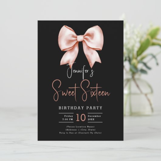 Roos Gold Bow Coquette Script Sweet 16 Party Zwart Kaart (Staand voorkant)