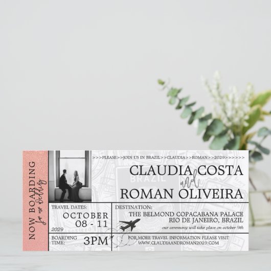 Roos Gold Brazilië Bruiloft Boarding Pass Uitnodig (Staand voorkant)