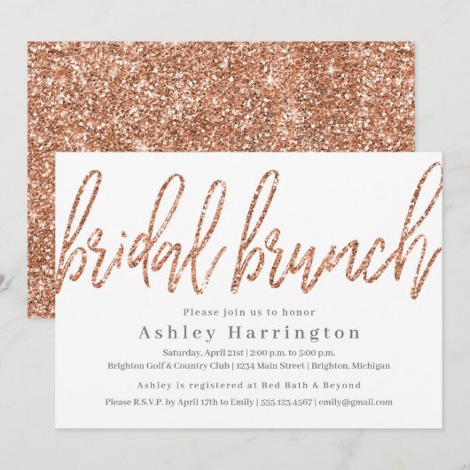 Roos Gold Bridal Brunch Uitnodiging tot Glitter (Voorkant / Achterkant)