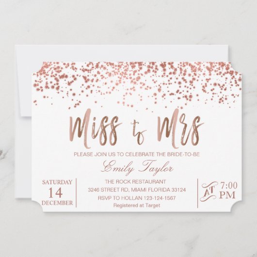 Roos Gold Bridal Shower Uitnodiging, Miss to Mrs. Kaart (Voorkant)