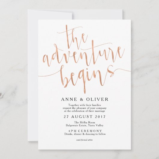 Roos Gold bruiloft uitnodiging Het avontuur begint (Voorkant)