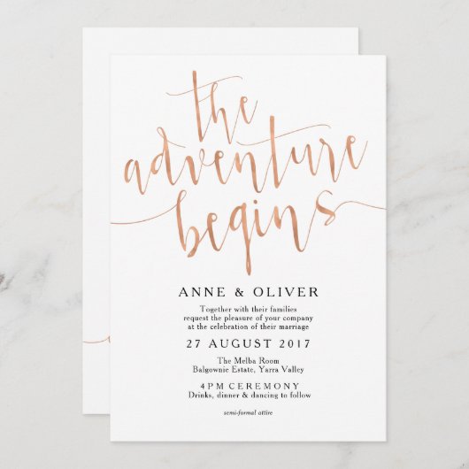 Roos Gold bruiloft uitnodiging Het avontuur begint (Voorkant / Achterkant)