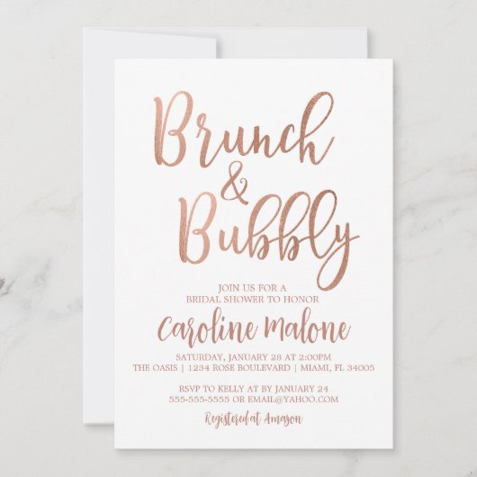 Roos Gold Brunch & Bubble Bridal Shower Invitation Kaart (Voorkant)
