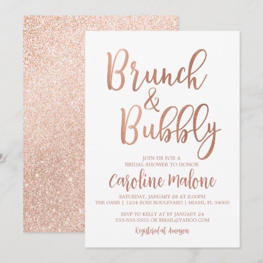 Roos Gold Brunch & Bubble Bridal Shower Invitation Kaart (Voorkant / Achterkant)