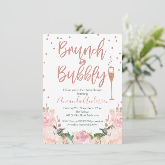Roos Gold Brunch Bubble Bridal Shower Invitations Kaart (Staand voorkant)