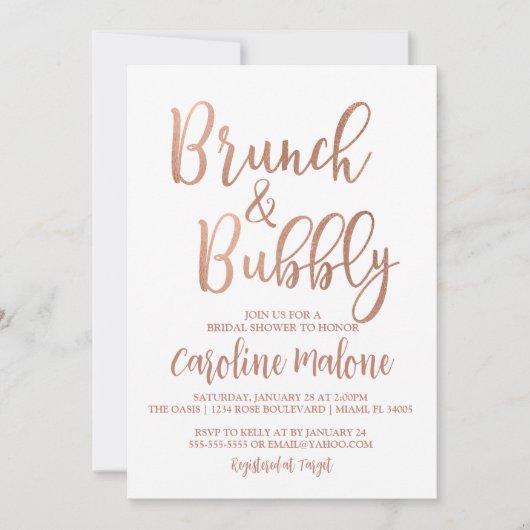 Roos Gold Brunch & Bubble Shower Invitation Kaart (Voorkant)