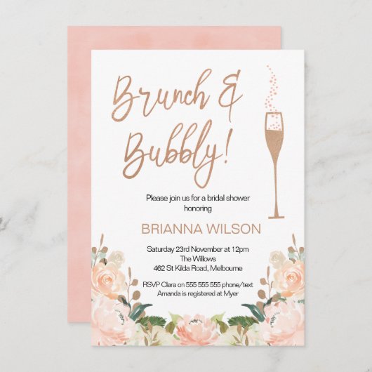 Roos Gold Brunch Bubbly Bruids Douche Uitnodiging (Voorkant / Achterkant)