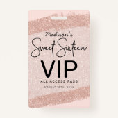 Roos Gold Brush Glitter Sweet 16 Uitnodiging VIP Badge (Voorkant)