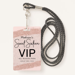 Roos Gold Brush Glitter Sweet 16 Uitnodiging VIP Badge