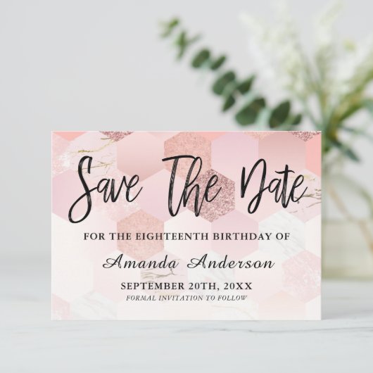 Roos Gold Brush Script 18e verjaardag Save The Date (Staand voorkant)