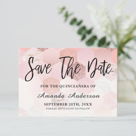 Roos Gold Brush Script Quinceanera Save The Date (Staand voorkant)