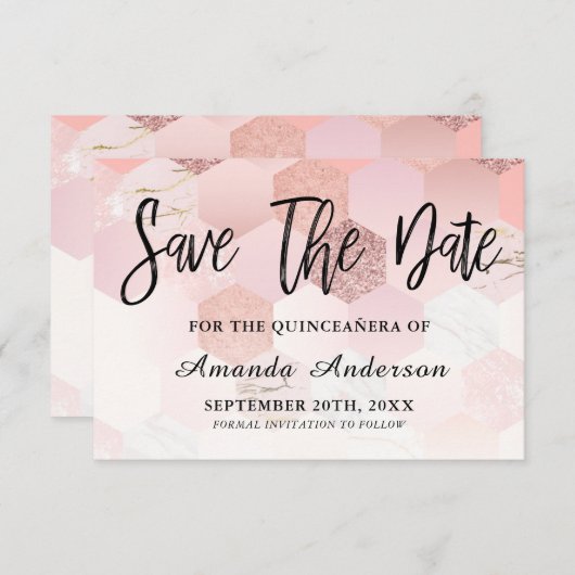 Roos Gold Brush Script Quinceanera Save The Date (Voorkant / Achterkant)