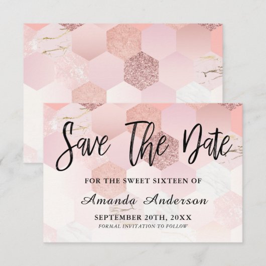 Roos Gold Brush Script Sweet 16 Save The Date (Voorkant / Achterkant)