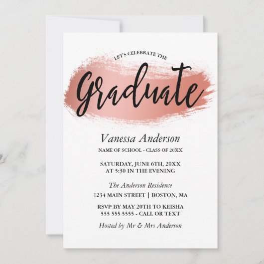Roos Gold Brush Stroke Graduation Party Kaart (Voorkant)
