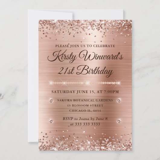 Roos Gold Brushed Metal and Glitter 21st Birthday Kaart (Voorkant)