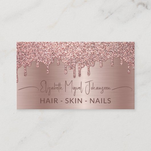 Roos Gold Brushed Metal Glitter Drips Beauty Salon Visitekaartje (Voorkant)