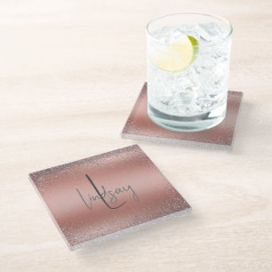 Roos Gold Brushed Metal Glitter Monogram Glazen Onderzetter