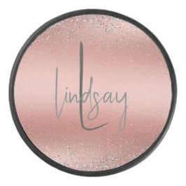 Roos Gold Brushed Metal Glitter Monogram | Hockey Puck