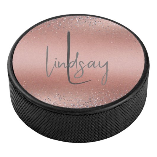 Roos Gold Brushed Metal Glitter Monogram | Hockey Puck (3/4)